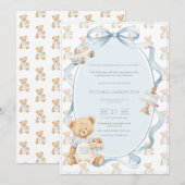 Invitation Un petit gentleman ours en bleu bébé garçon (Devant / Derrière)