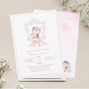 Invitation Un petit hibou crêtes roses arcs baby showInvitati