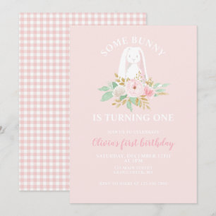 Invitation Un petit lapin a un an Fleurs Premier Anniversaire