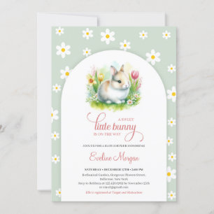 Invitation Un petit lapin doux avec marguerites sage bébé ros