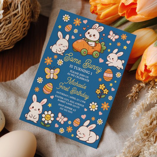 Invitation Un petit lapin fête son premier anniversaire de Pâ
