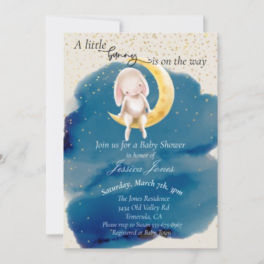 Invitation Un petit lapin Stars et Baby shower de lune (Devant)