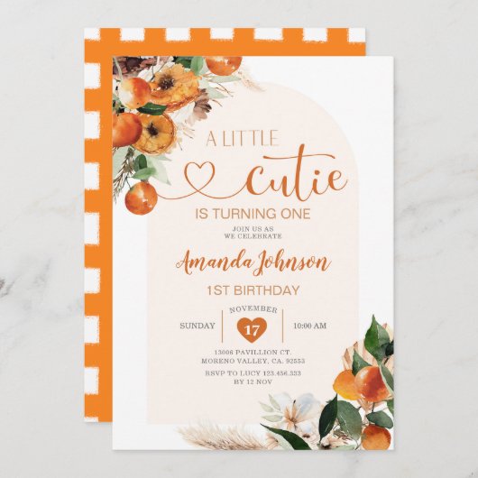 Invitation Un petit mignon devient Un Anniversaire Orange (Devant / Derrière)