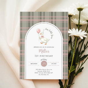 Invitation Un petit nœud rose gingham d'oie pour 1er annivers