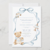 Invitation Un petit ours bleu gentleman bébé garçon  (Devant)