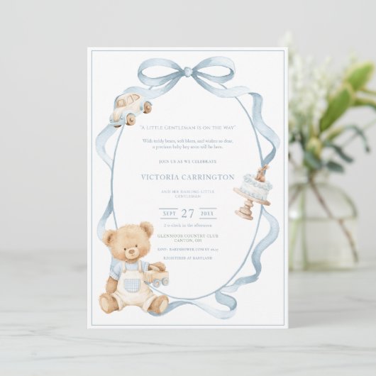 Invitation Un petit ours bleu gentleman bébé garçon  (Debout devant)