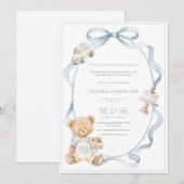 Invitation Un petit ours bleu gentleman bébé garçon  (Devant / Derrière)