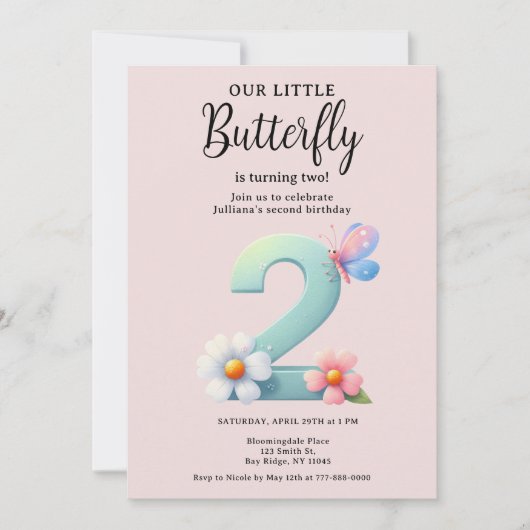 Invitation Un petit papillon 2e anniversaire mûre numéro Poli (Devant)