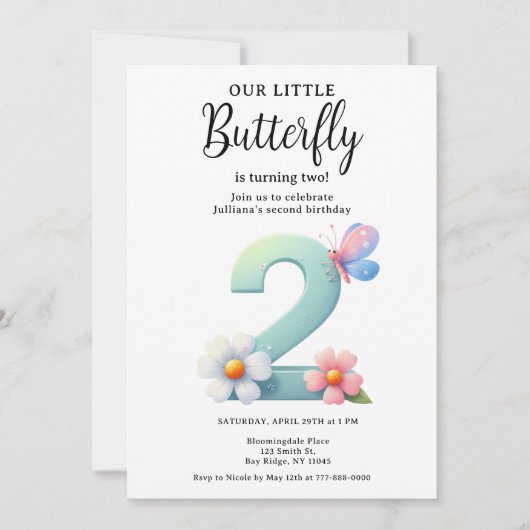 Invitation Un petit papillon 2e anniversaire mûre numéro Poli (Devant)
