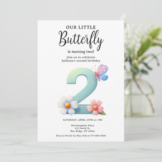Invitation Un petit papillon 2e anniversaire mûre numéro Poli (Debout devant)