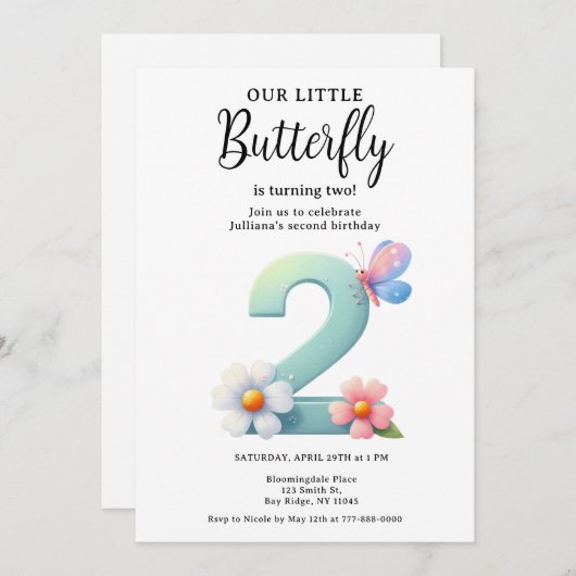 Invitation Un petit papillon 2e anniversaire mûre numéro Poli (Devant / Derrière)
