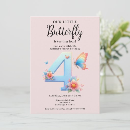 Invitation Un petit papillon 4e anniversaire Mignonne Numéro  (Debout devant)