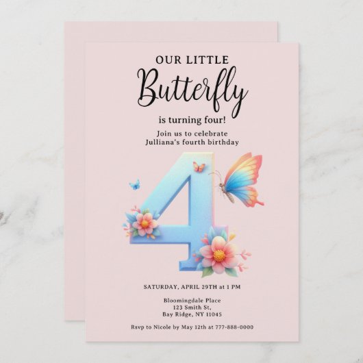 Invitation Un petit papillon 4e anniversaire Mignonne Numéro  (Devant / Derrière)