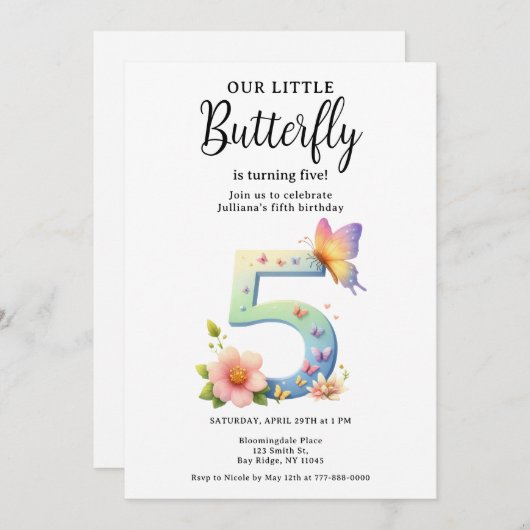 Invitation Un petit papillon 5e anniversaire mûre numéro Poli (Devant / Derrière)