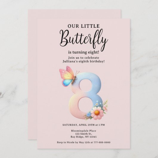 Invitation Un petit papillon 8e anniversaire mûre numéro Poli (Devant / Derrière)