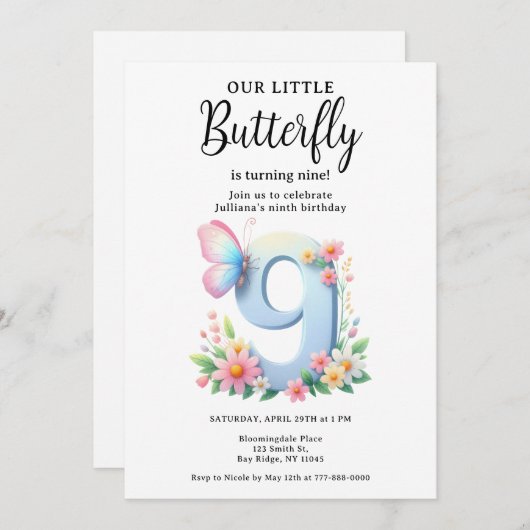 Invitation Un petit papillon 9e anniversaire mûre numéro Poli (Devant / Derrière)