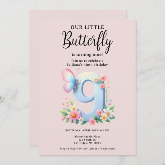 Invitation Un petit papillon 9e anniversaire mûre numéro Poli (Devant / Derrière)