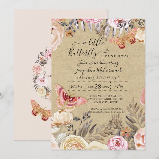 Invitation Un Petit Papillon Aquarelle Bleu Floral Baby (Devant / Derrière)