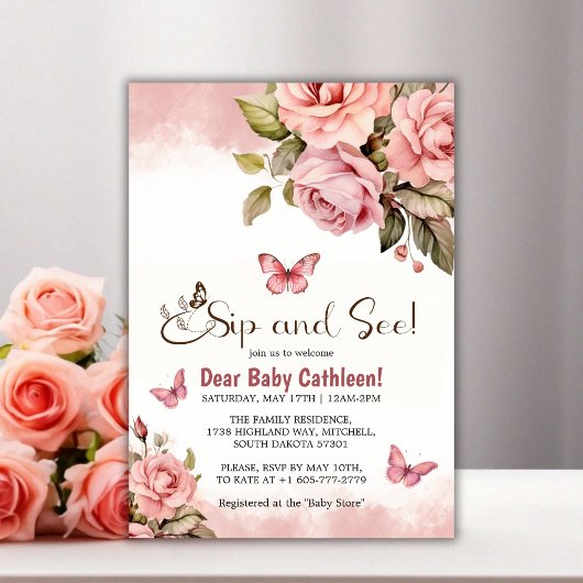 Invitation Un petit papillon Baby shower floral Sip et voir