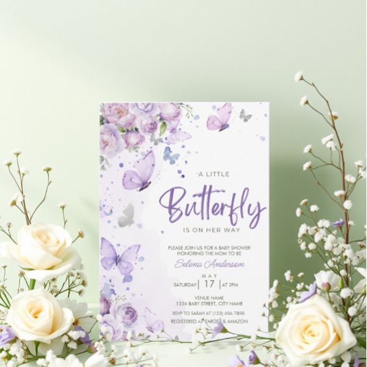 Invitation " Un Petit Papillon" Baby shower Floral violet