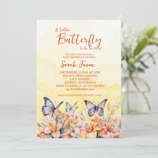 Invitation Un petit papillon Baby shower lunaire floral (Debout devant)