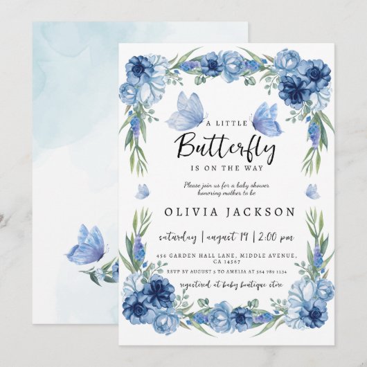 Invitation Un petit papillon bleu Baby shower floral rustique (Devant / Derrière)