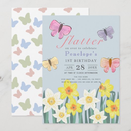 Invitation Un petit papillon Daffodil Girl 1er anniversaire (Devant / Derrière)