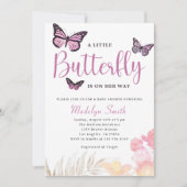 Invitation Un Petit Papillon Est En Chemin Baby shower Rose (Devant)