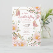 Invitation Un Petit Papillon Est En Chemin Baby shower Rose (Debout devant)