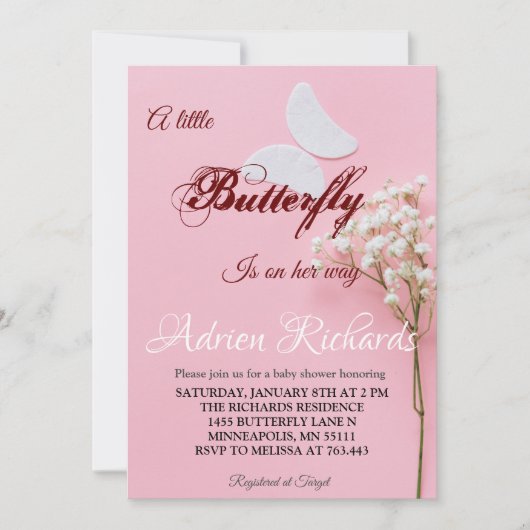 Invitation Un Petit Papillon Est En Chemin De Baby shower (Devant)