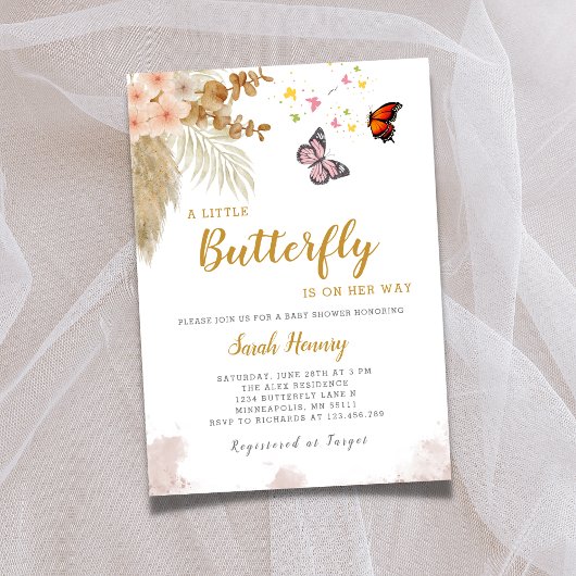 Invitation Un petit papillon est en route baby shower floral