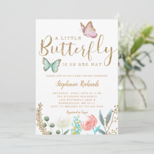 Invitation Un Petit Papillon Est Sur Son Chemin Baby shower O (Debout devant)
