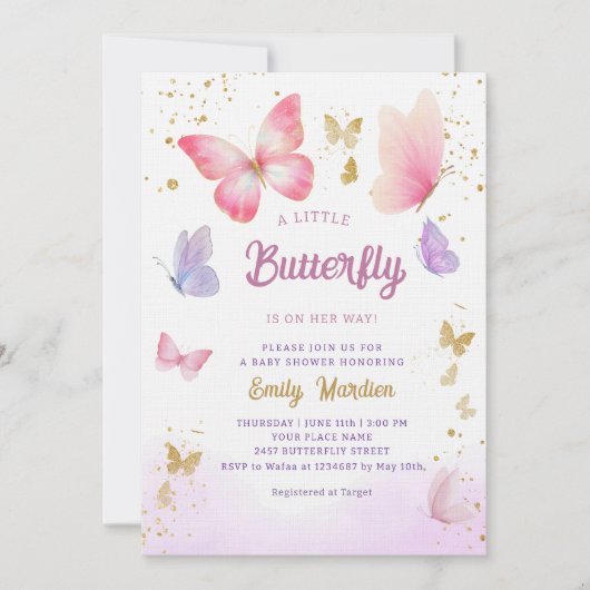 Invitation Un petit papillon mignon Boho rose Baby shower fil (Devant)