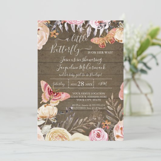Invitation Un Petit Papillon Rustique Aquarelle Florale Bébé (Debout devant)