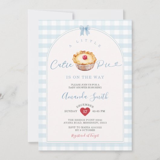 Invitation Un Petit Pie Bleu En vichy Cerise Baby shower (Devant)