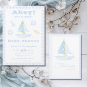 Invitation Un Petit Skipper Blue Plaid Baby shower moderne
