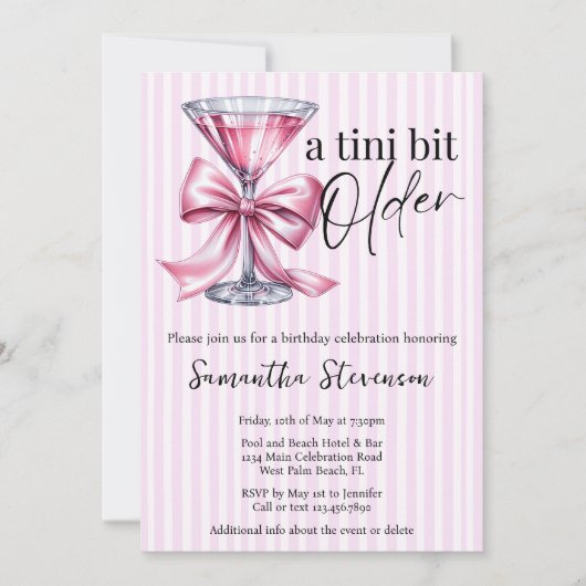 Invitation Un peu plus âgée, coquette, rose, nœud, fête d'ann (Devant)