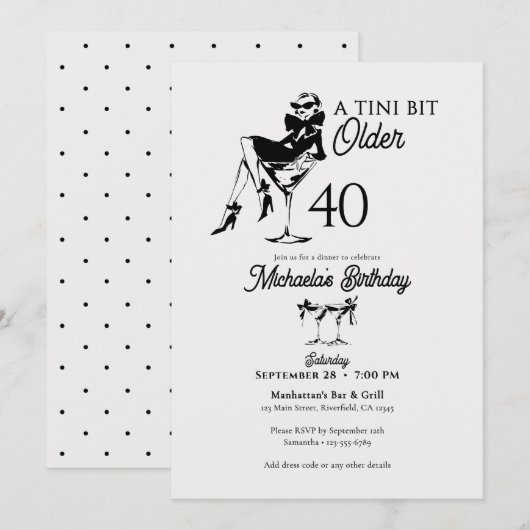 Invitation Un peu plus âgée Élégant Martini 40e anniversaire (Devant / Derrière)