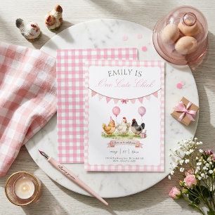 Invitation Un poussin mignon 1er anniversaire Gingham rose