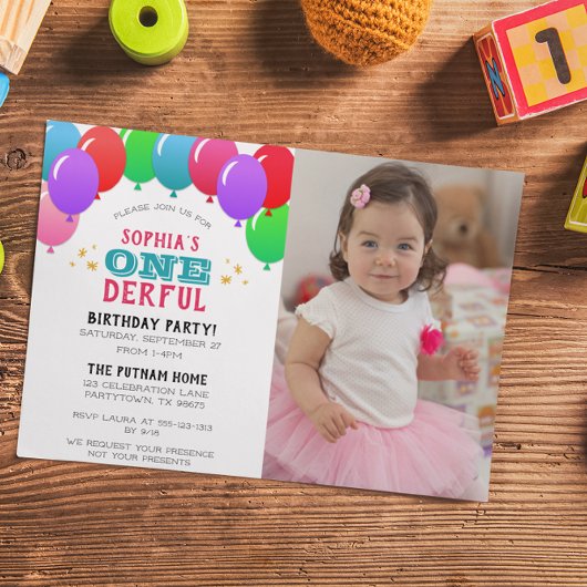 Invitation UN premier anniversaire ballons photo rose