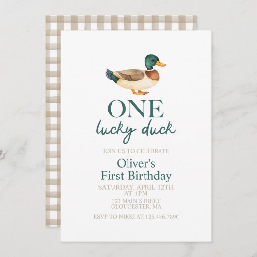 Invitation Un premier anniversaire de Lucky Duck (Devant / Derrière)