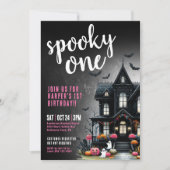 Invitation Un Premier Anniversaire Rose Halloween Effrayant (Devant)