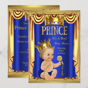 Invitation Un Royal Blue Prince Baby shower Gold Boy Blonde