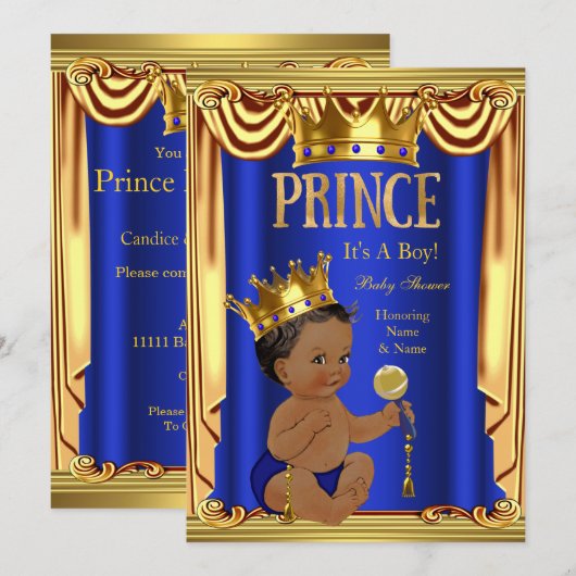 Invitation Un Royal Blue Prince Baby shower Gold Boy Ethnic (Devant / Derrière)