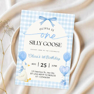 Invitation Un Ruban Bleu Gingham Silly Goose 1er Anniversaire