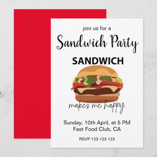 Invitation Un sandwich me rend heureux, fête (Devant / Derrière)