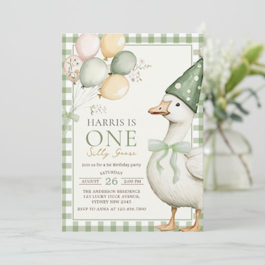 Invitation Un Silly Goose Balloon Vert En vichy 1er Anniversa (Debout devant)