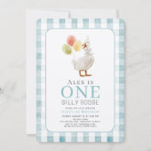 Invitation Un Silly Goose Blue En vichy Garçon 1er anniversai (Devant)