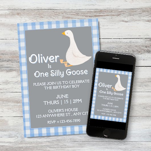 Invitation Un Silly Goose Blue En vichy la fête d'anniversair