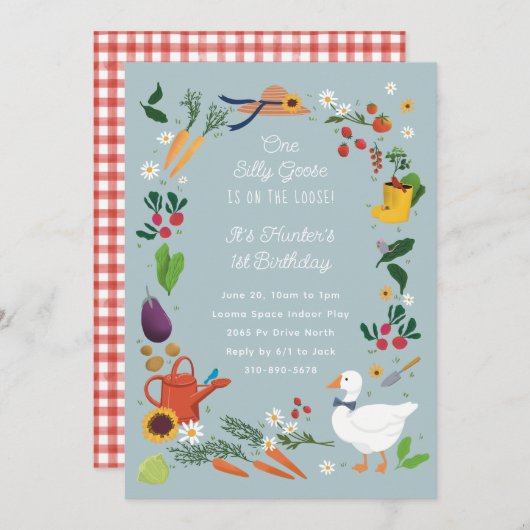 Invitation Un Silly Goose Farmer Jardin Thème Anniversaire (Devant / Derrière)